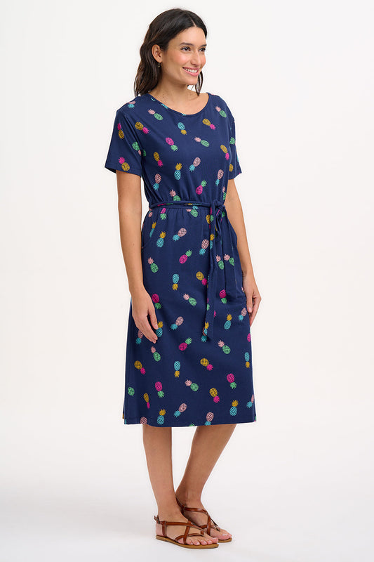 Moira Midi Jersey Dress - Navy, Rainbow Pineapples