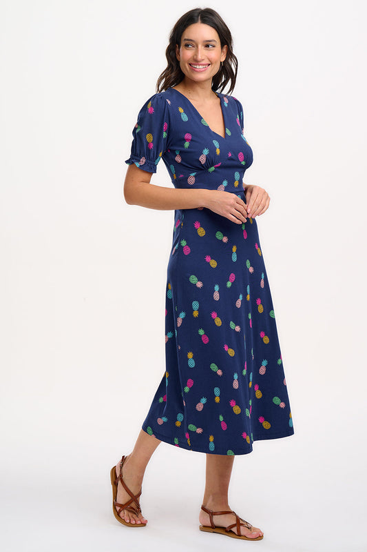 Yana Jersey Midi Tea Dress - Navy, Rainbow Pineapples