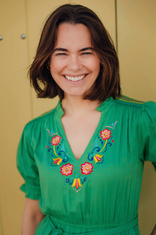Carlota Midi Dress - Green, Folk Floral Embroidery