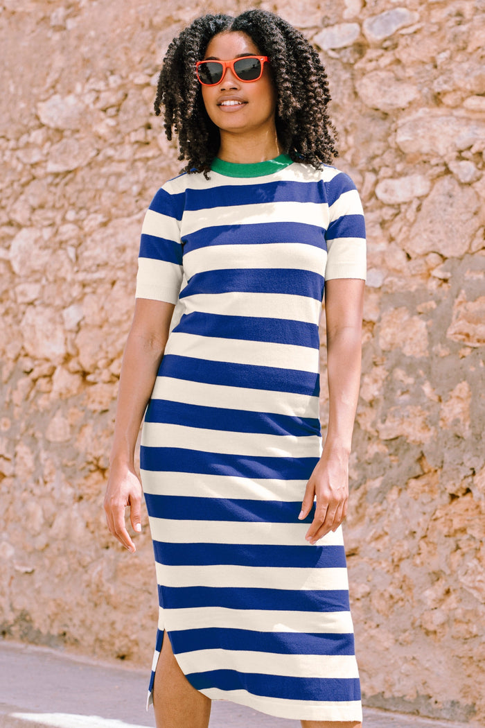 Sybil Midi Knit Dress - Blue/White, Contrast Neck