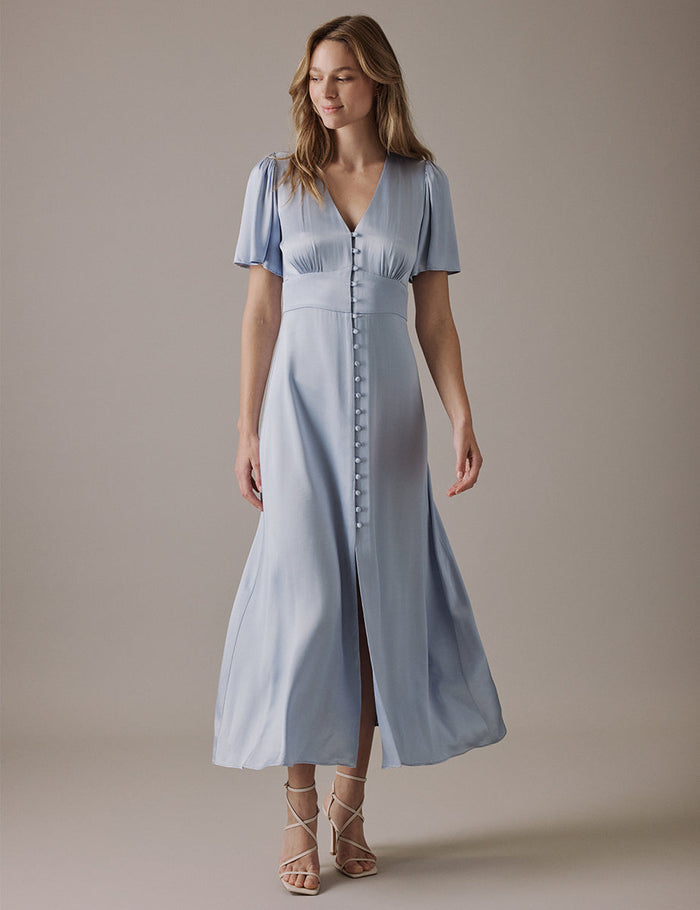 Pale blue v-neck midi dress with buttons.