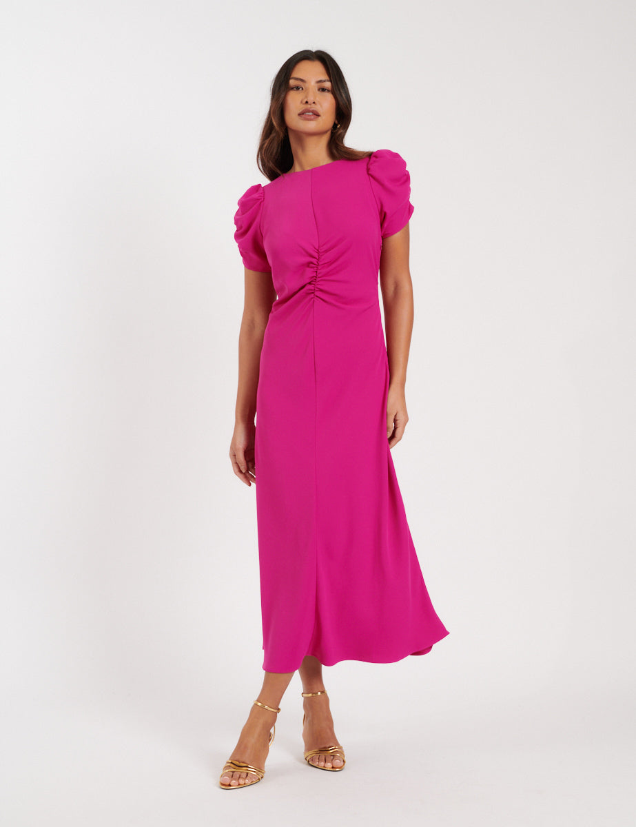 Magenta pink ruched sleeve midi dress.