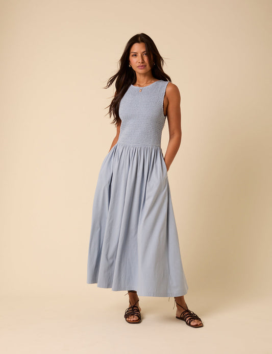Dusty blue shirred midi dress.