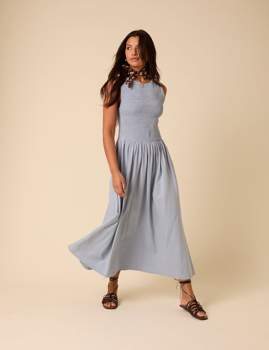 Blue Shirred Bodice Billie Jersey Midi Dress