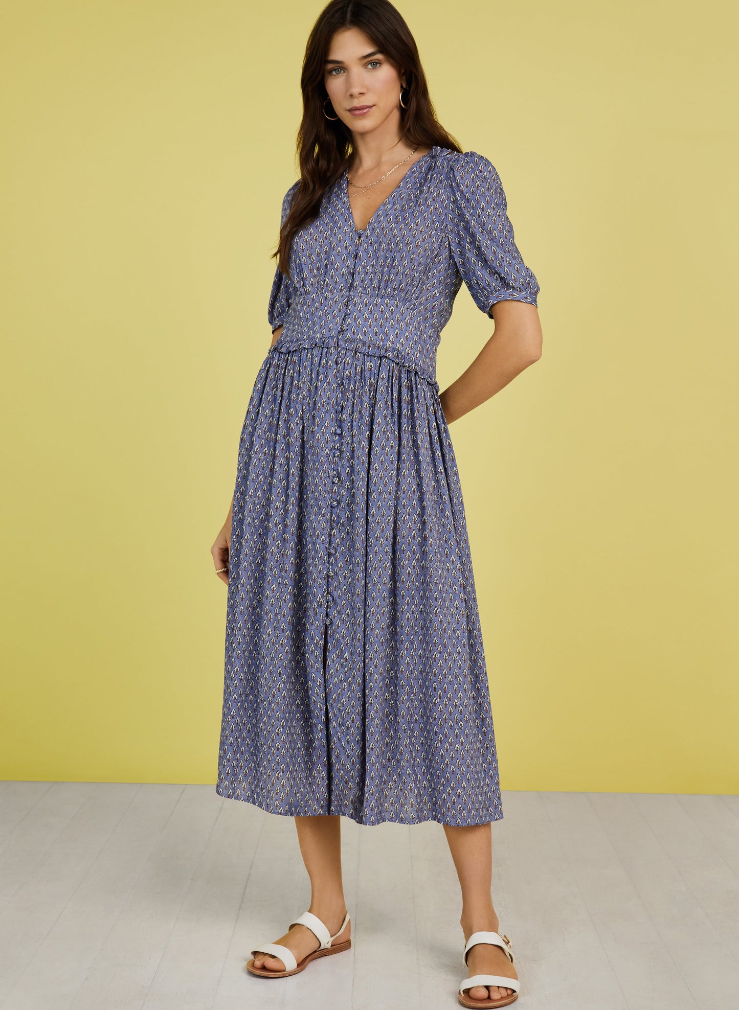 Suzy Dress with LENZING™ ECOVERO™ Blue Woodblock Print