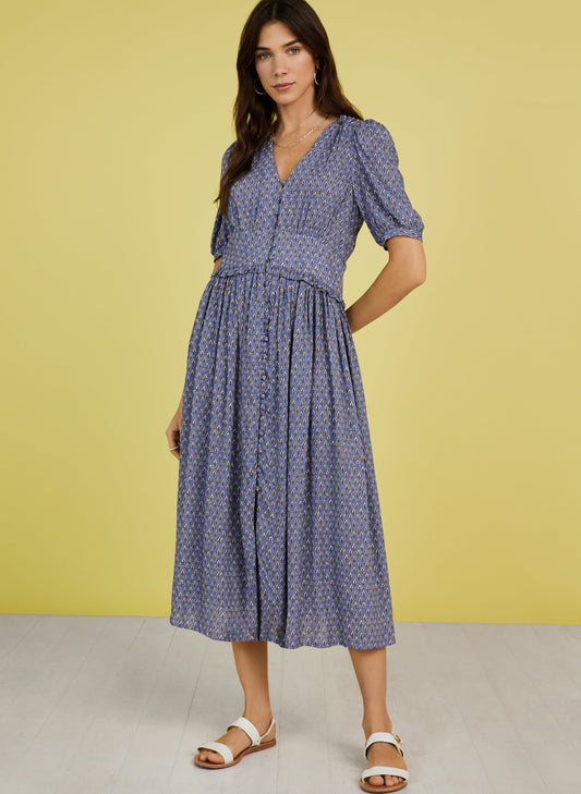 Suzy Dress with LENZING™ ECOVERO™ Blue Woodblock Print