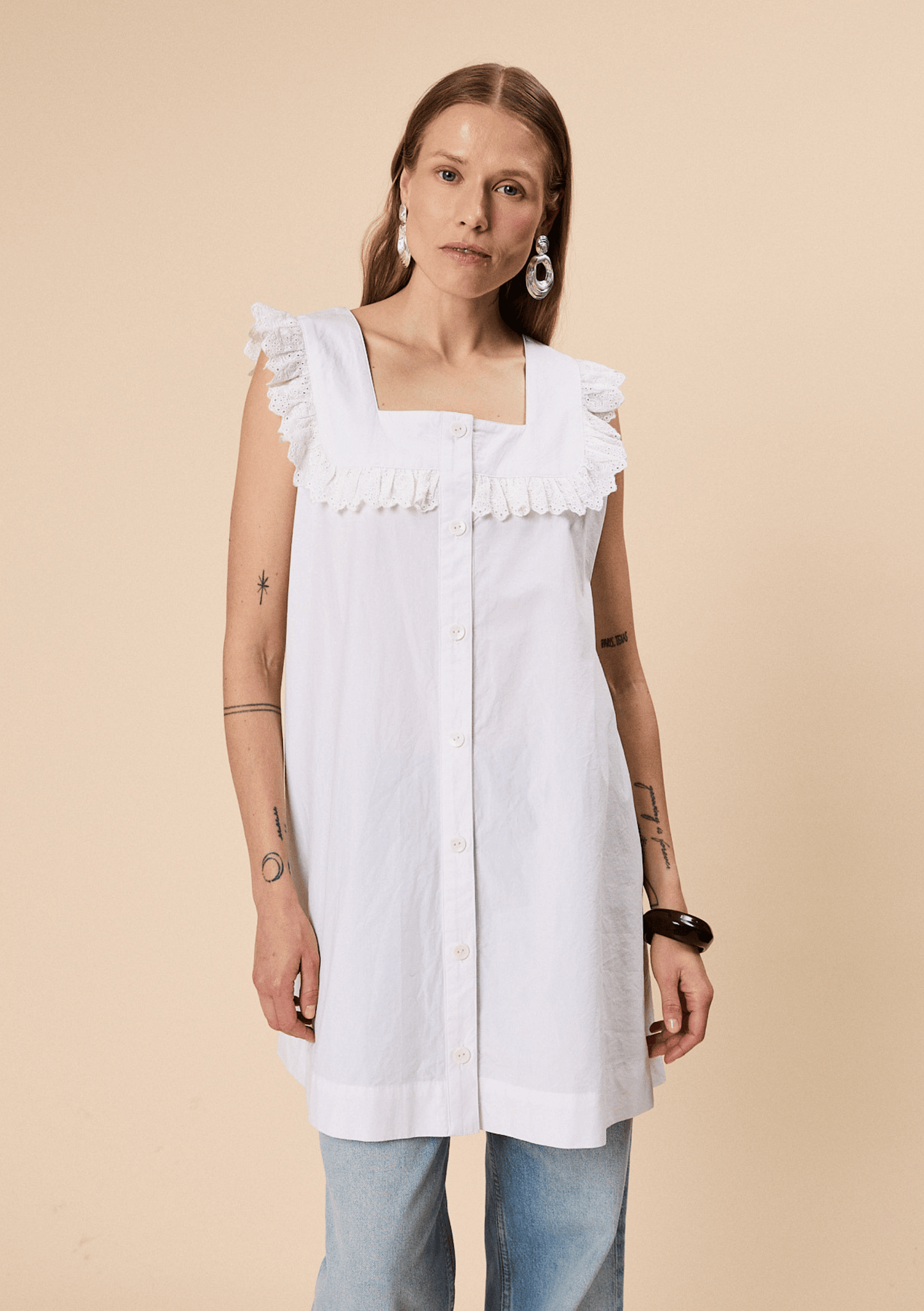 Cotton Broderie Sleeveless Dress - White