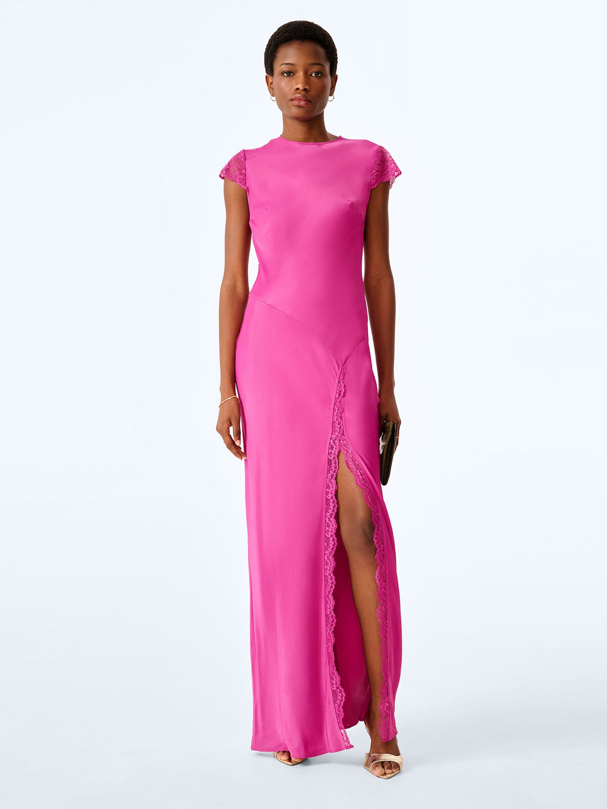 Magenta viscose maxi dress with lace trim.