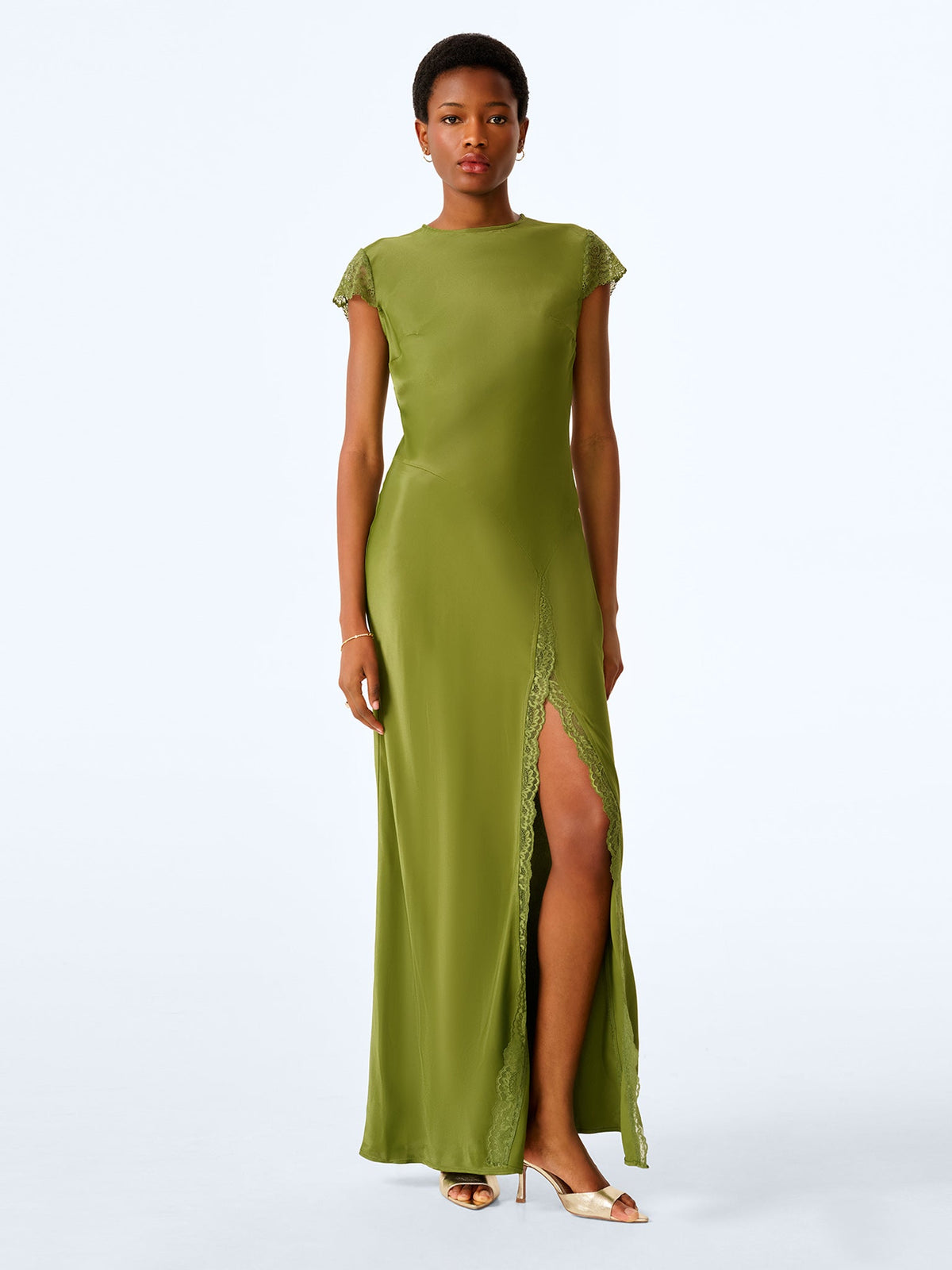Lime green viscose dress with lace trim.