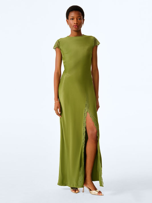 Lime green viscose dress with lace trim.