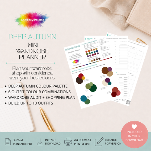 Product preview for a Deep Autumn mini wardrobe planner pdf.