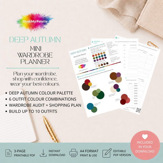 Product preview for a Deep Autumn mini wardrobe planner pdf.