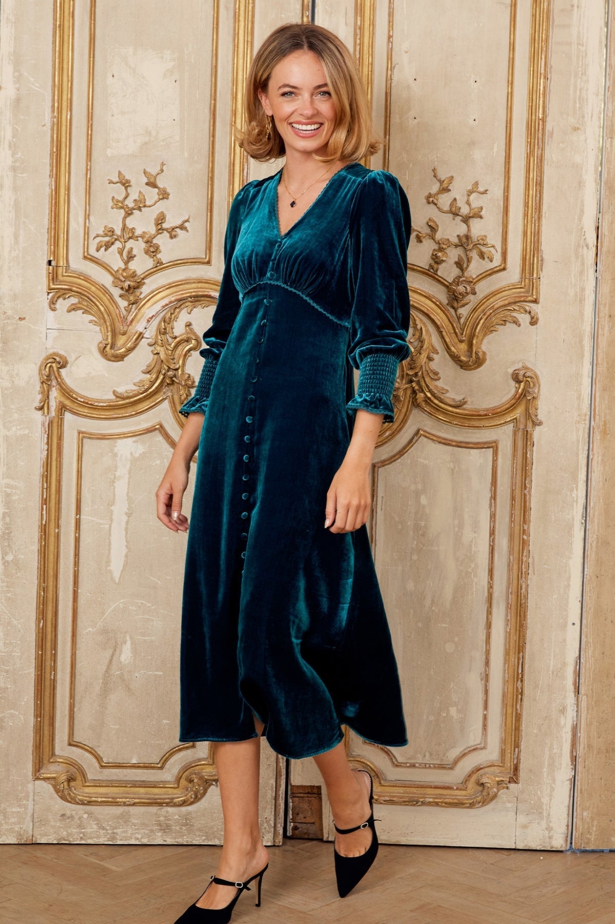 Long Sleeve Velvet Sally Anne Dress - Teal
