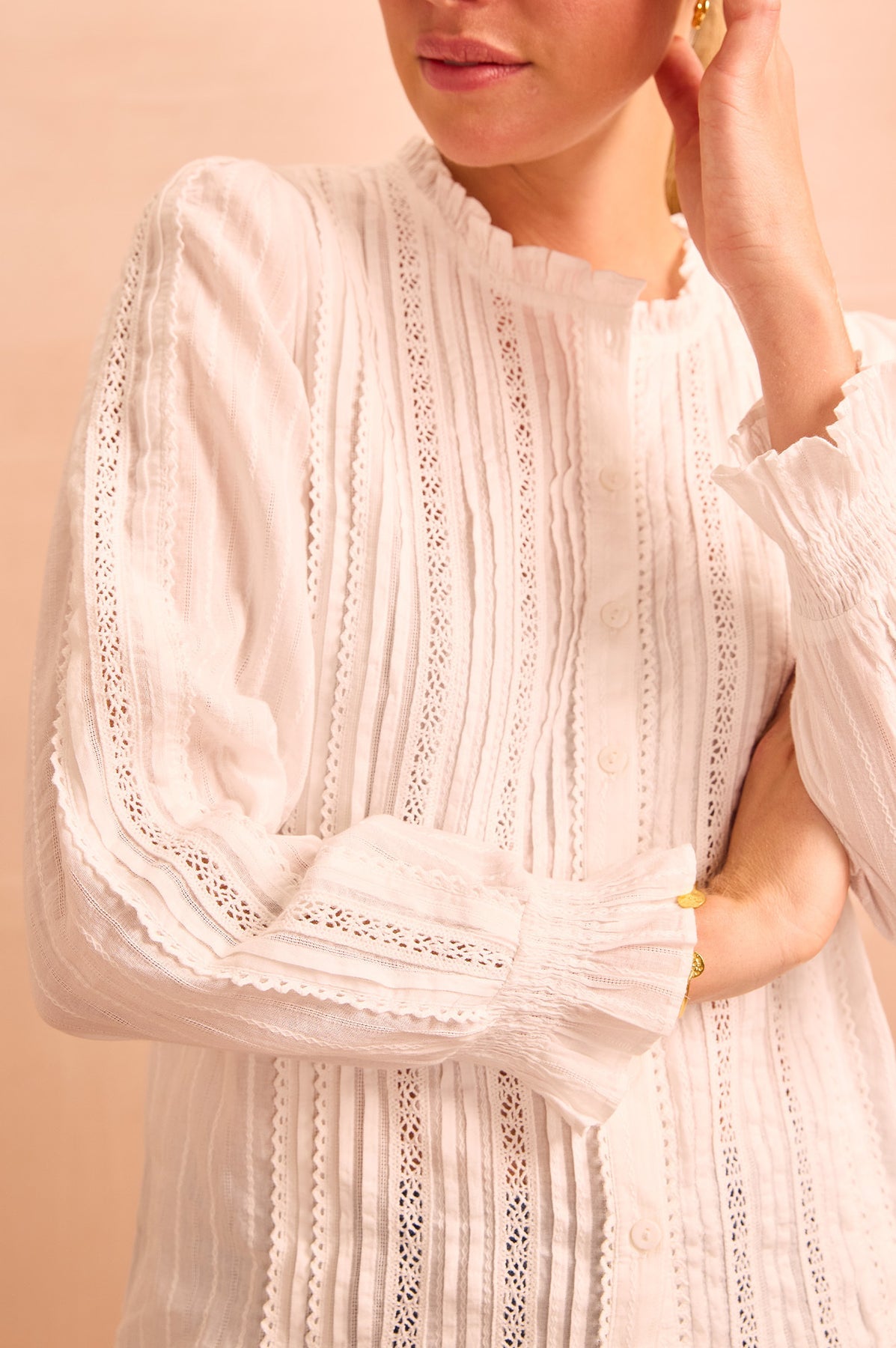 Vienna Long Sleeve Cotton Blouse - Lace Detailing - White