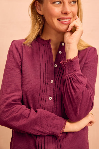 Holly Pin Tuck Long Sleeve Blouse - Berry