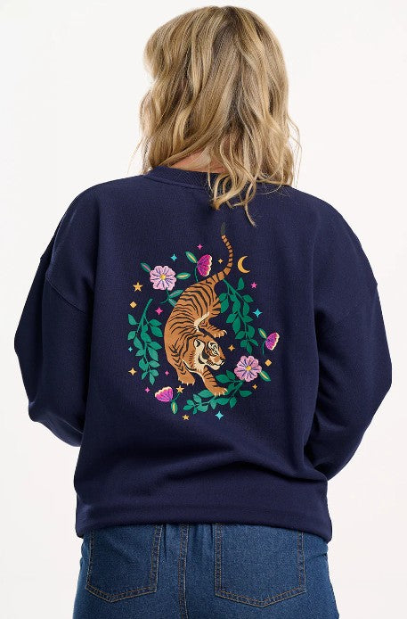 Navy 100% cotton sweatshirt by Sugarhill Brighton, with bright tiger and pinkflower motif on the back.