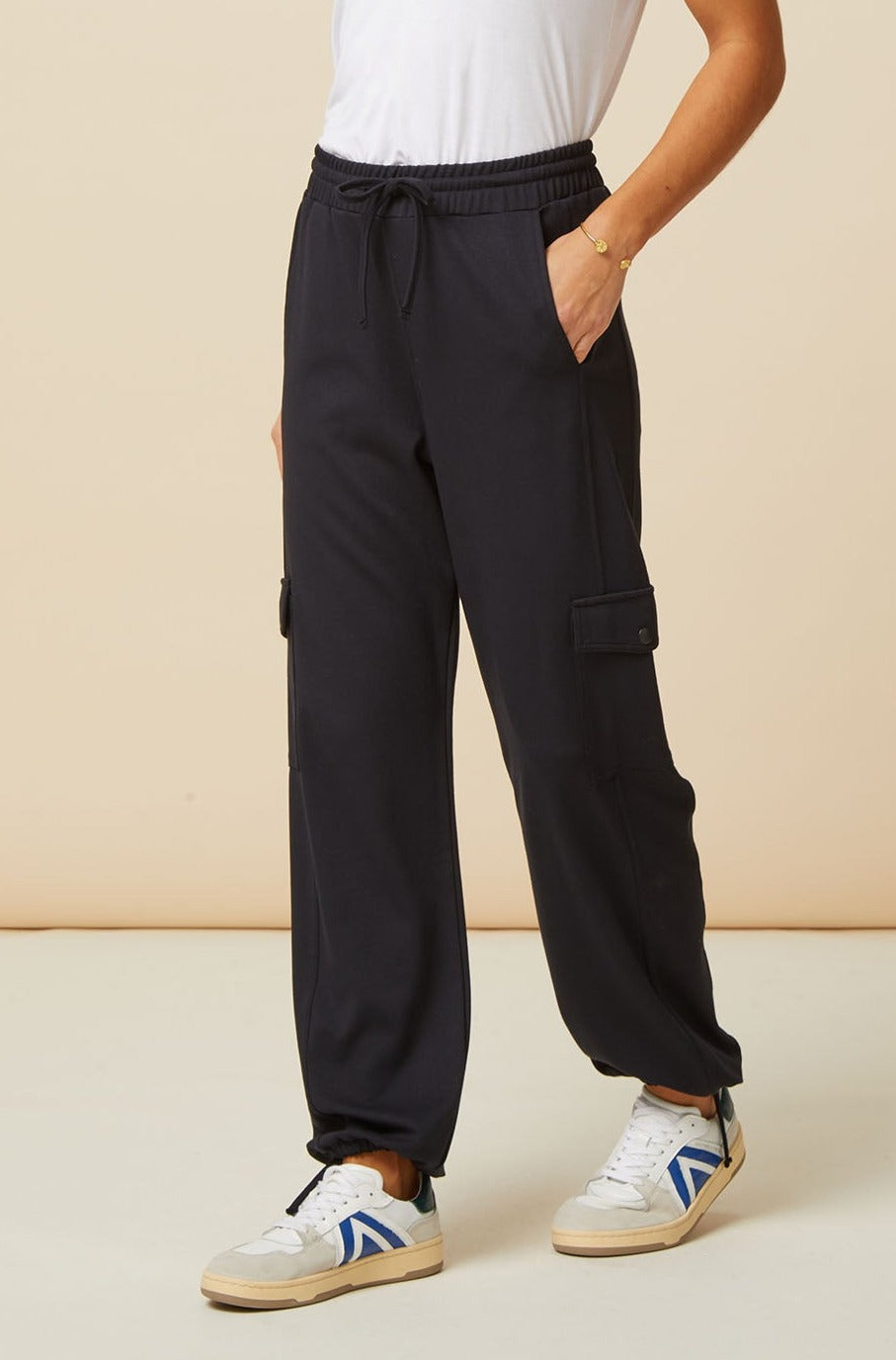Navy ecovero viscose drawstring cargo pants.