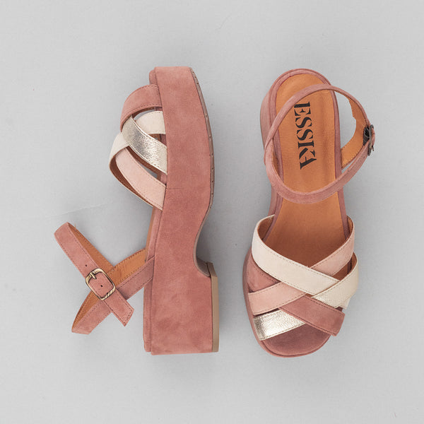 Dusty rose suede platform sandals.