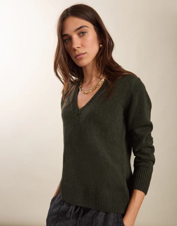 Emmeline Wool Blend V-Neck Jumper Deep Khaki