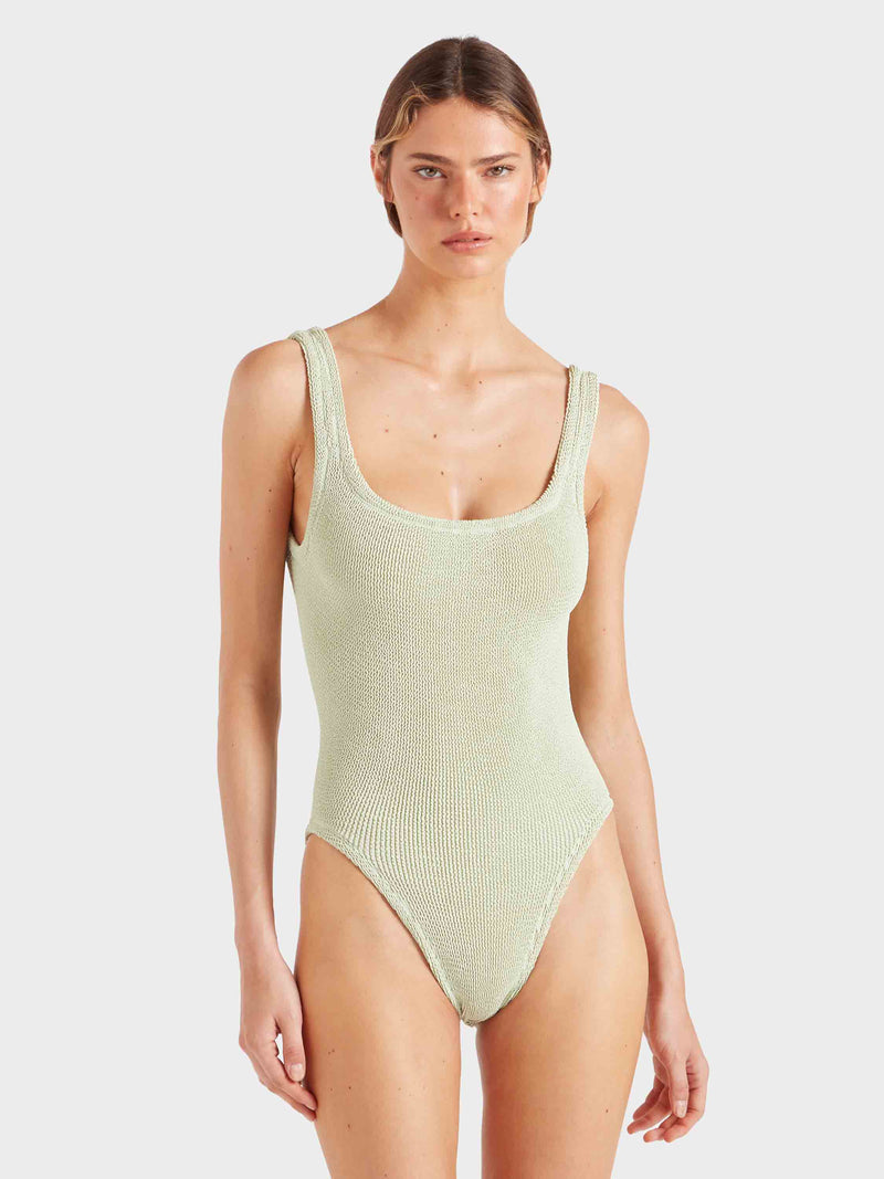 Pale sage square neck crinkle fabric swimsuit.