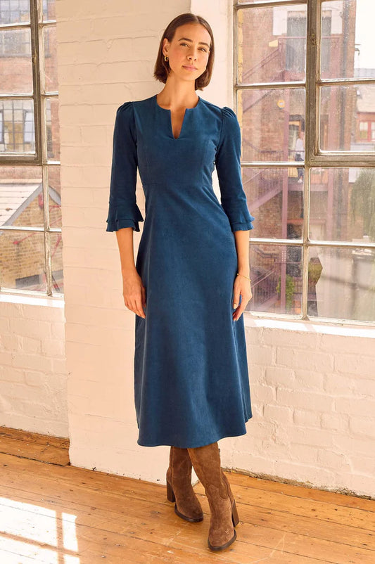 Peacock blue corduroy midi dress.