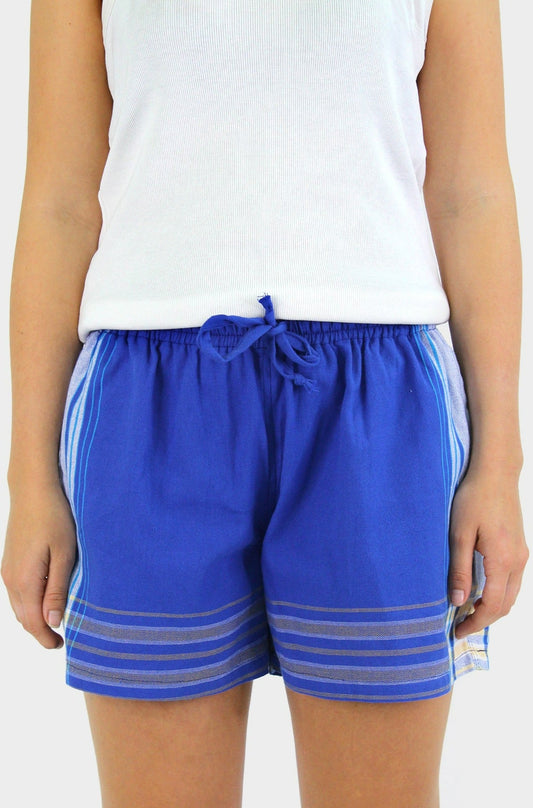 Bright cobalt blue Kikoy fabric shorts with elasticated drawstring waistband and tonal stripe detailing along the sides and hem.