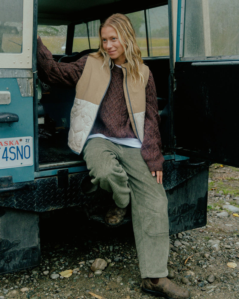 Dusty olive cord trousers.