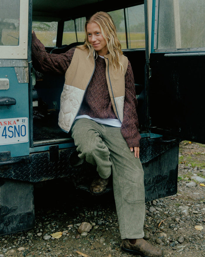 Dusty olive cord trousers.
