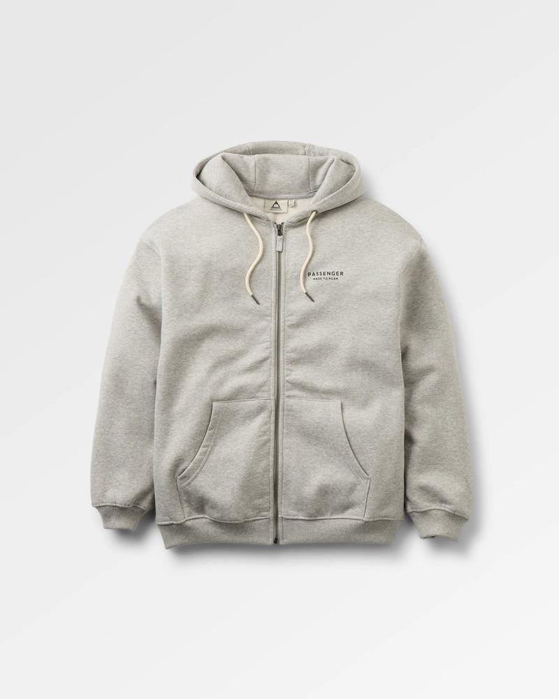 A light grey heather zip-up hoodie with cream drawstrings and a small black 'PASSENGER' logo on the left chest, displayed on a clean light grey background.
