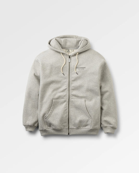 A light grey heather zip-up hoodie with cream drawstrings and a small black 'PASSENGER' logo on the left chest, displayed on a clean light grey background.