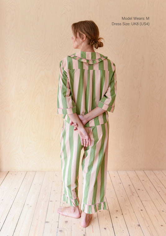 Cropped Cotton Pyjamas - Green Stripe