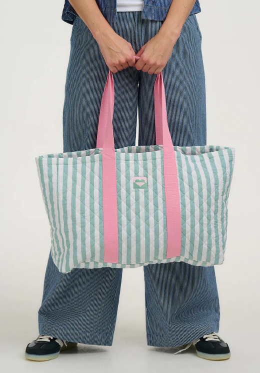 Striped 100% cotton tote bag in mint green and white with soft pink handles