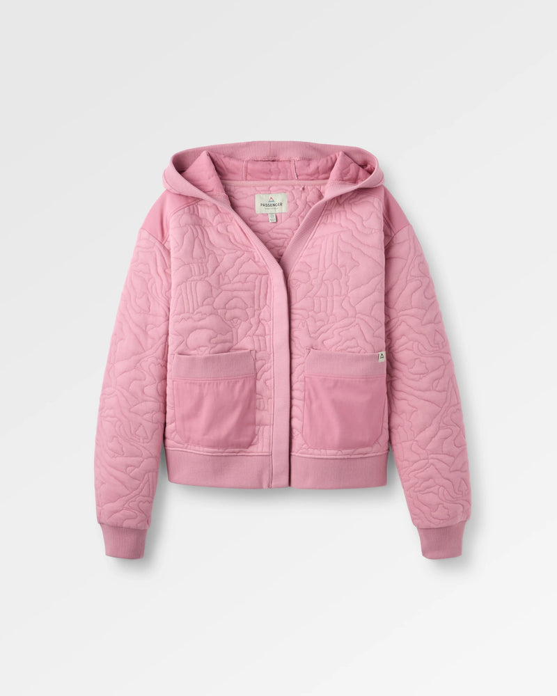 Pink quilted jacket on a light grey background
