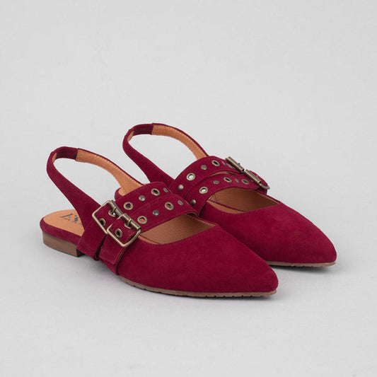 Burgundy suede flat shoes with pointy toe and slingback strap.