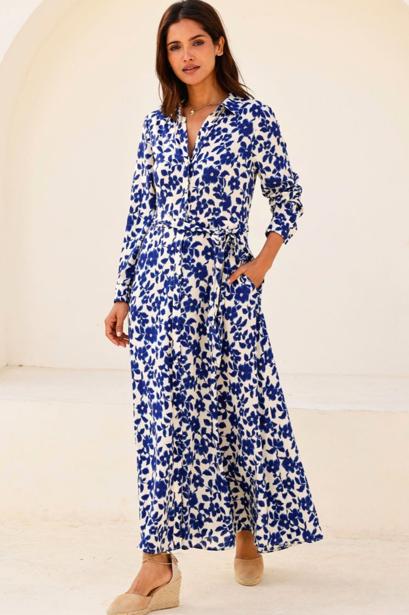 Sustainable Eliza Ecovero Viscose Summer Wedding Guest Evening Shirt Dress Floral Print Navy Blue White