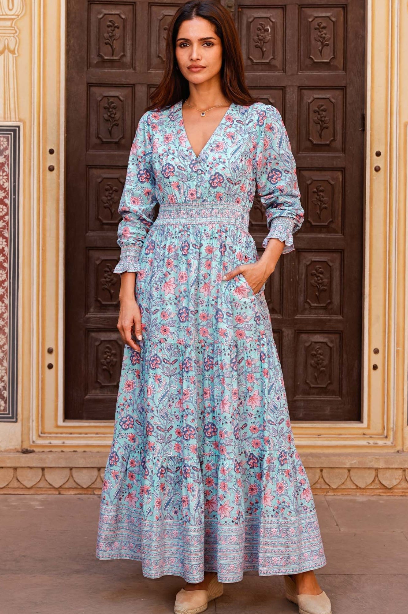 Sustainable Billie Block Print Organic Cotton Summer Wedding Guest Evening Dress Floral Printed Blue Red