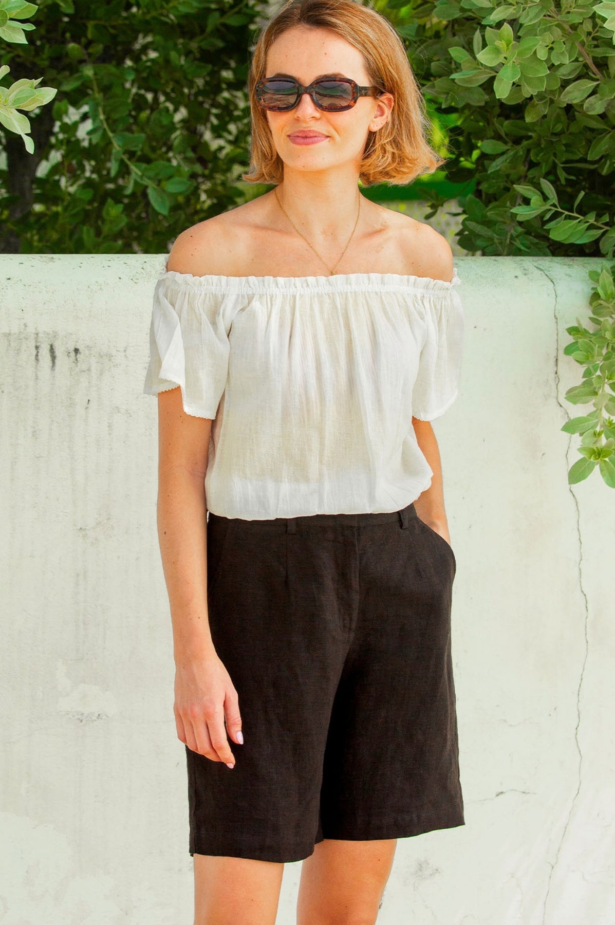 Black linen shorts.