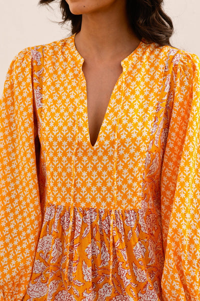 Marina Organic Cotton Print Mix Dress - Dianthus Print, Yellow and White