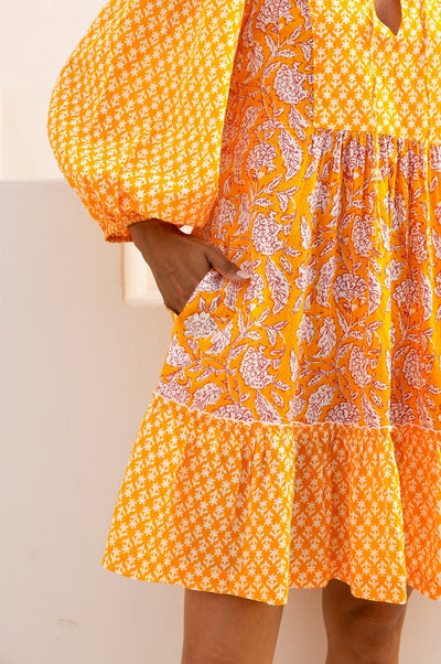 Marina Organic Cotton Print Mix Dress - Dianthus Print, Yellow and White
