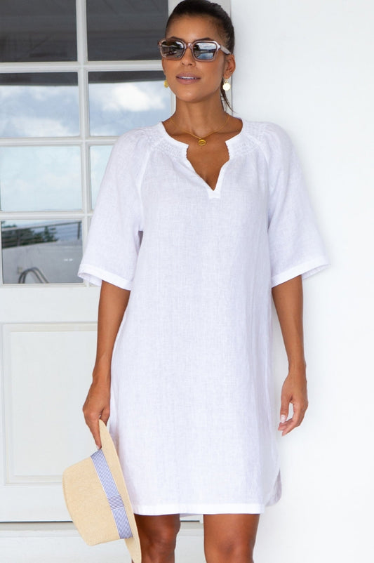 Bright white linen beach cover up kaftan.