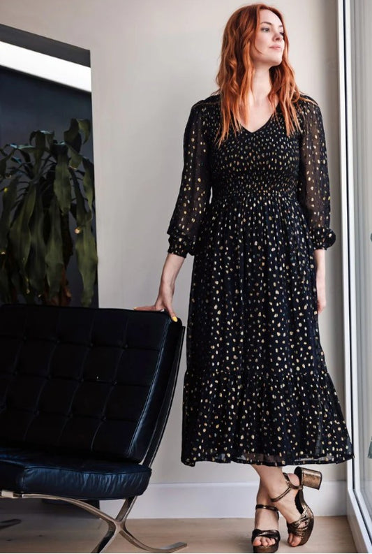 Jacqueline Shirred Midi Dress - Black, Metallic Spot