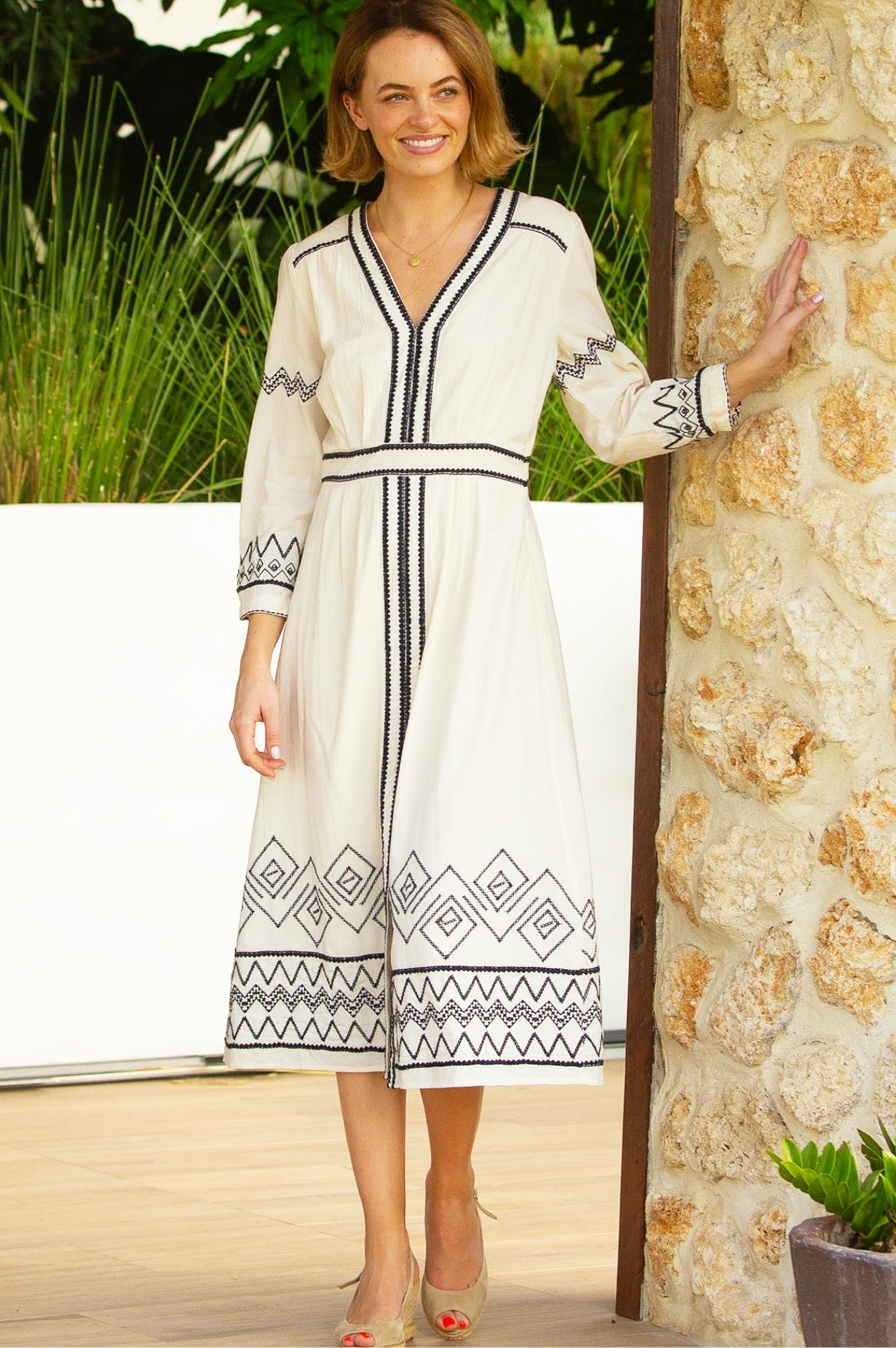 Ecru and black summer kaftan dress