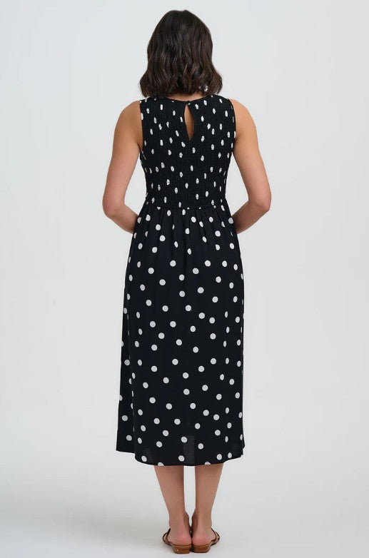 Janice Shirred Midi Dress - Monochrome, Polka Dot