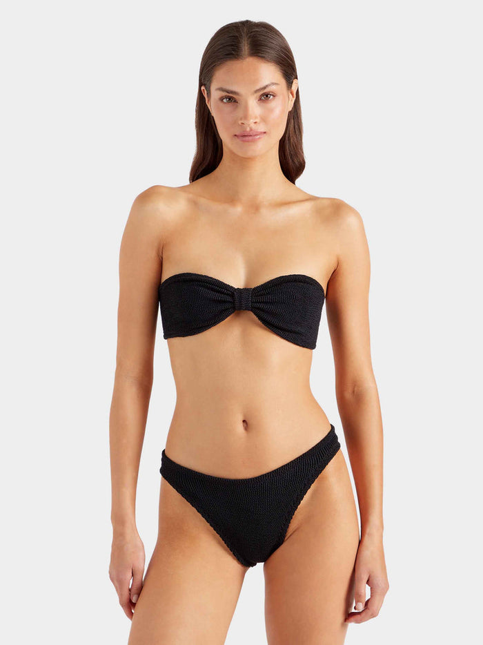 Black crinkle fabric bandeau bikini.