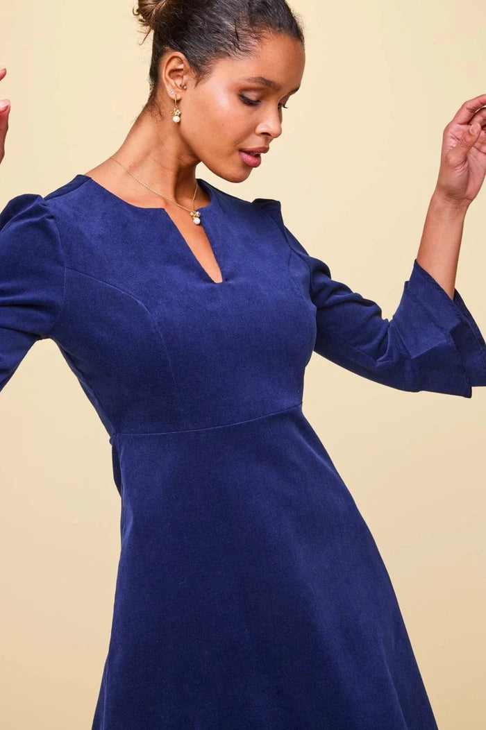 Jocelyn V-Neck 3/4 Sleeve Stretch Corduroy Dress - Atlantic Blue
