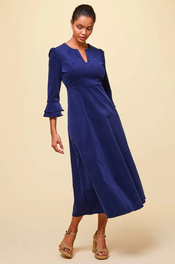Jocelyn V-Neck 3/4 Sleeve Stretch Corduroy Dress - Atlantic Blue