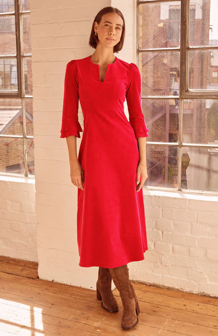 Jocelyn V-Neck 3/4 Sleeve Stretch Corduroy Dress - Red