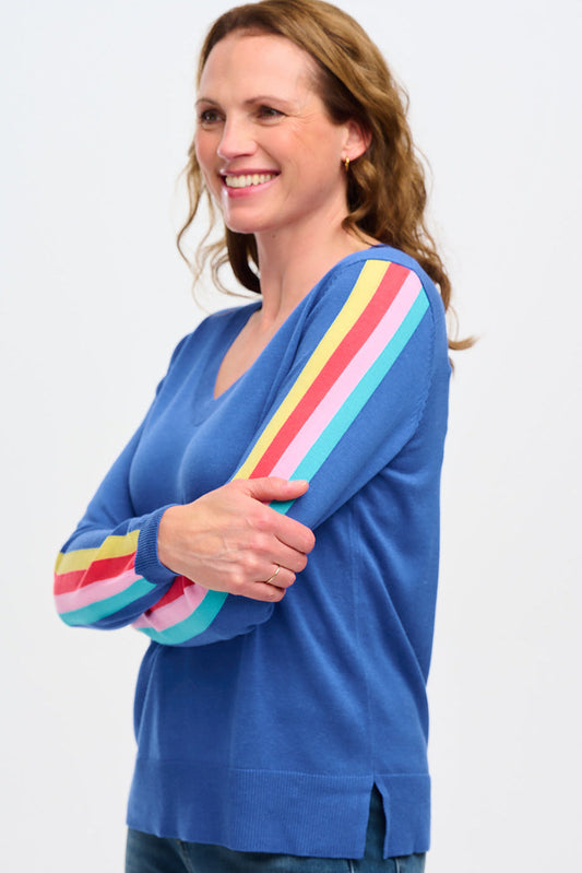 Libby V-neck Jumper - Blue, Sports Stripe