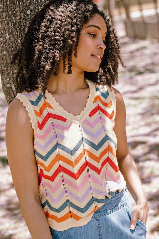 Rosy V-Neck Knit Vest - Cream, Rainbow Chevron Stripes