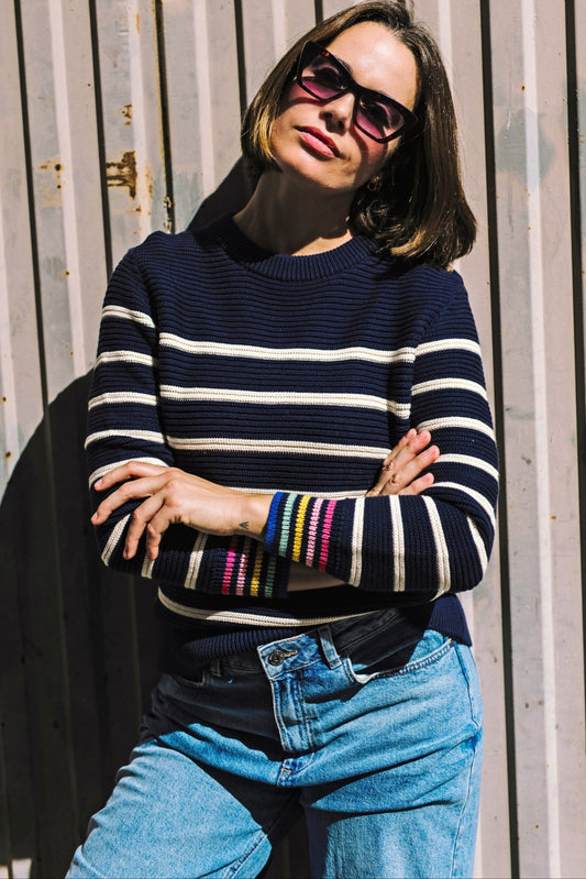 Rebecca Jumper - Navy/Off-White, Classic Stripe Rainbow Cuffs